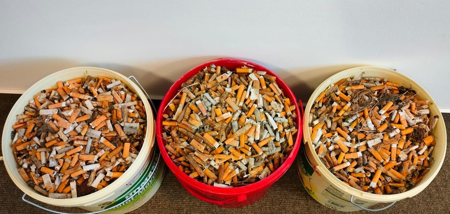 Drei Eimer mit gesammelten Kippen
