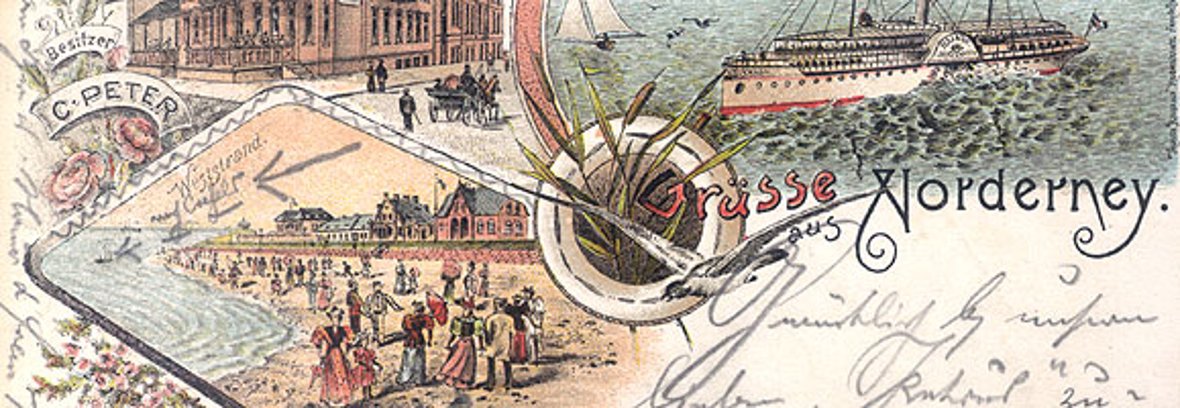 Ausschnitt einer historischen Postkarte mit Zeichnungen